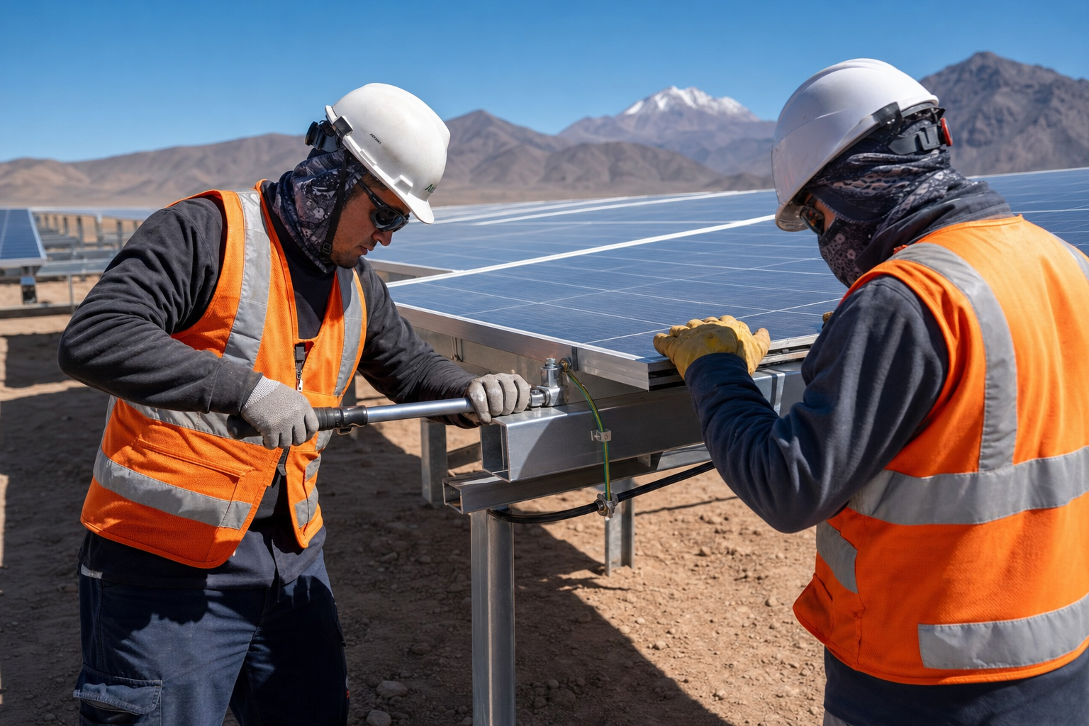 Equipo en terreno instalando módulos con EPP